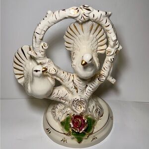 Vintage Ceramic Bird Figurine White Gold Accents Floral Base Home Decor